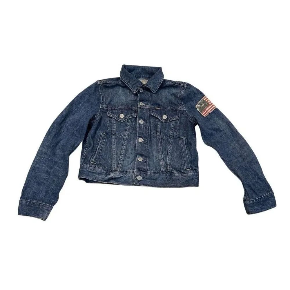Ralph Lauren Jean Jacket M American Flag Girls Size 10-12 Medium Denim Dark Wash